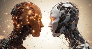 The Impact of AI and Machine Learning on web App Development in the USA Two robots facing each