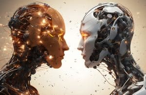 The Impact of AI and Machine Learning on web App Development in the USA Two robots facing each